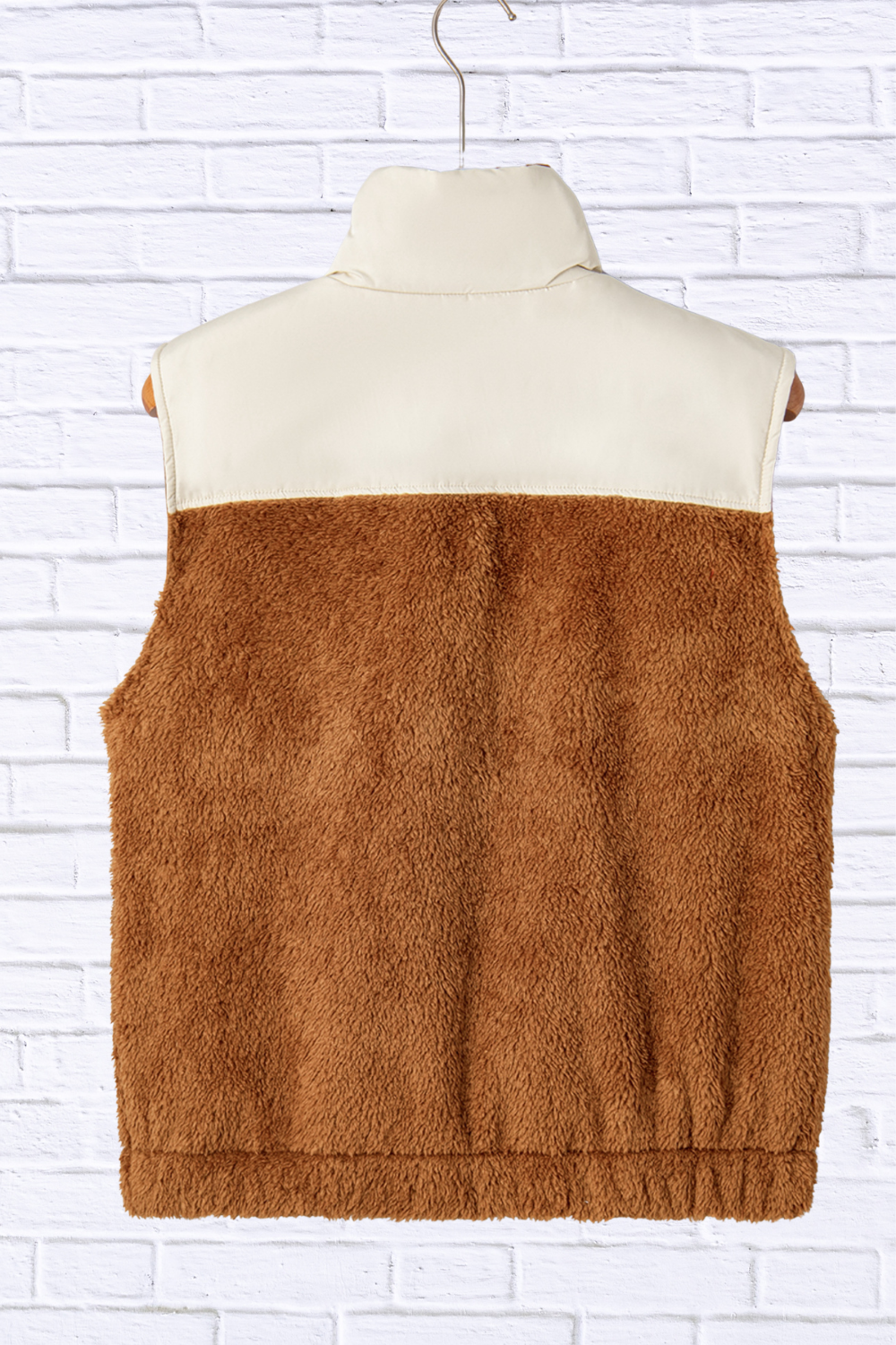 Color Block Plush Patchwork Zipper Stand Neck Vest Coat