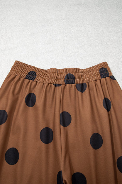 Brown Polka Dot Wide Leg Elastic Waist Casual Pants