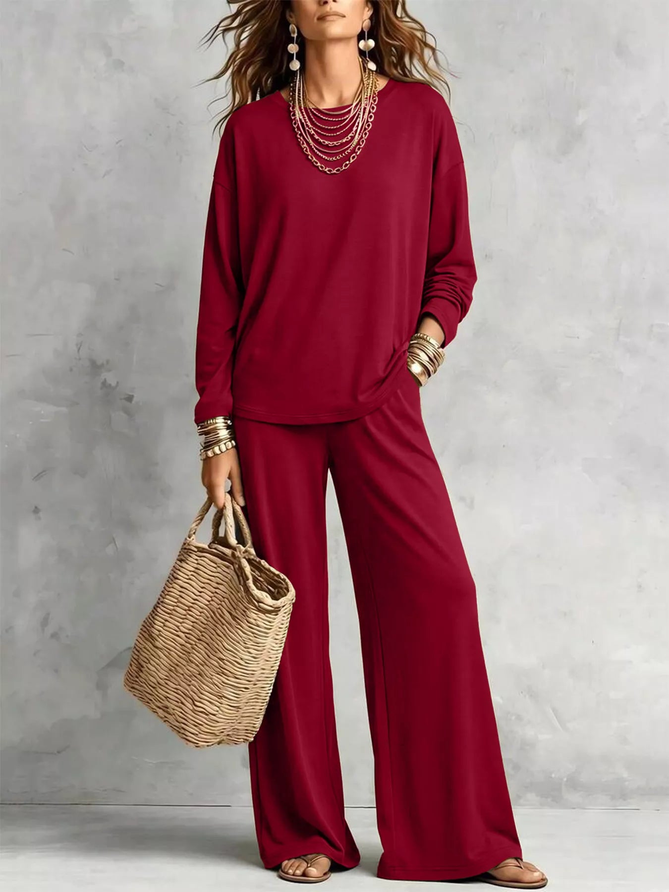 Round Neck T-Shirt and Wide-Leg Pants Set