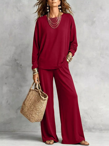 Round Neck T-Shirt and Wide-Leg Pants Set