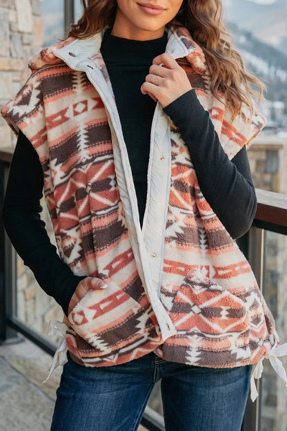Geometric Print Fleece Metal Button Placket Shift Silhouette Vest