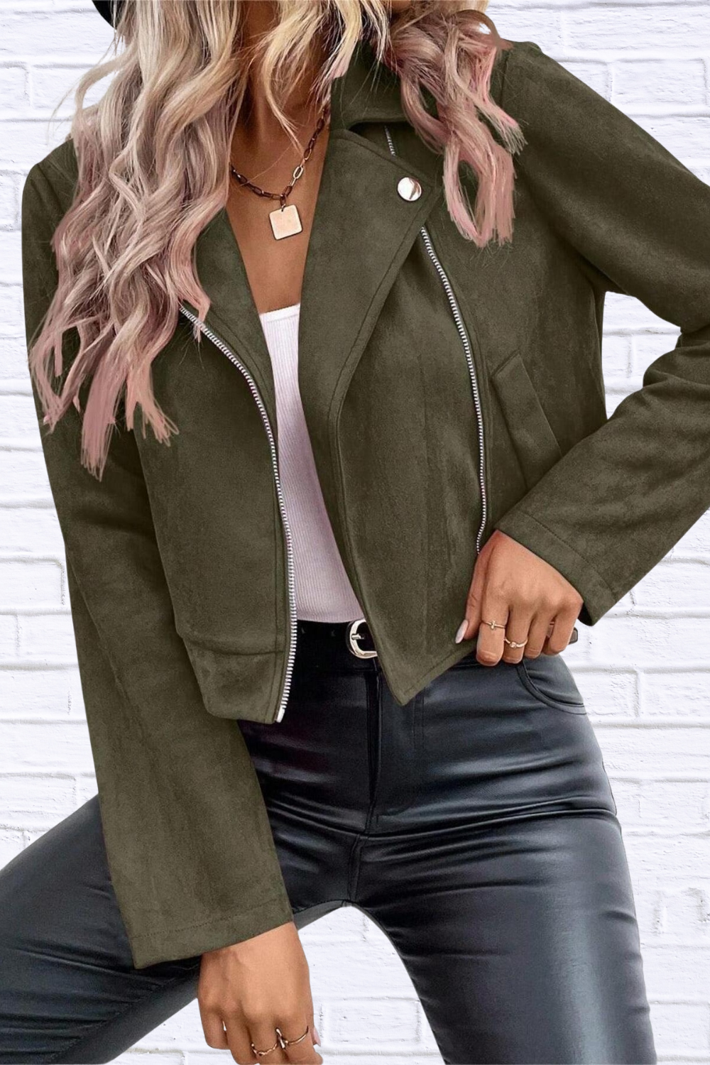 Zip Up Suede Cropped Moto Jacket