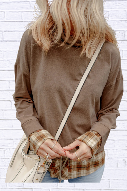 Drawstring Plaid Turtleneck Long Sleeve Top