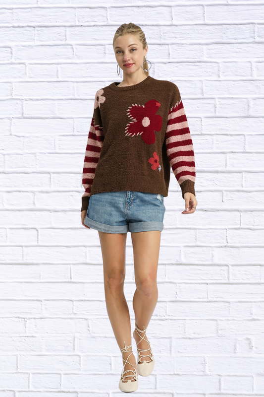 Flower Jacquard Striped Long Sleeve Sweater