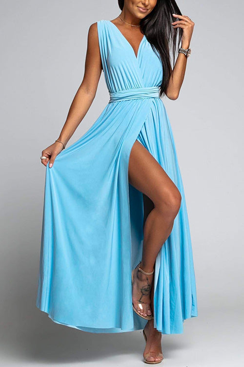 Rosiedress V Neck Sleeveless Back Criss Cross High Slit Maxi Party Dress