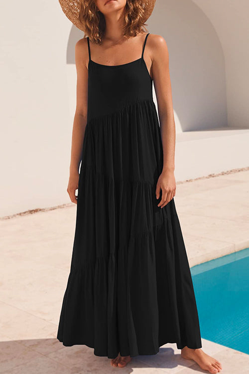 Adjustable Straps Tiered Maxi Beach Dress Black