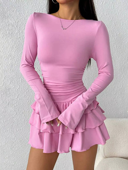 Elara's Ruched Long Sleeve Layered Ruffle Mini Dress