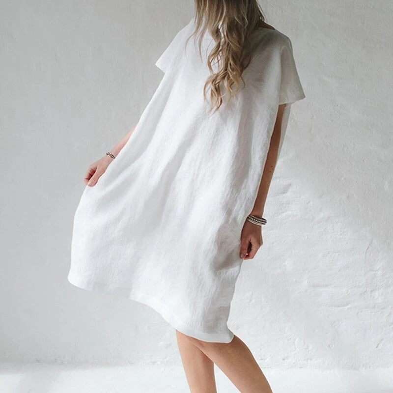 Casual Cocoon Round Neck short-sleeved solid Color Dress