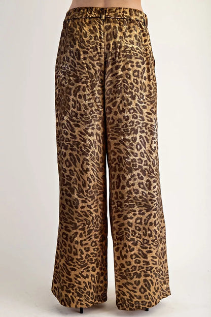 Multicolour Leopard Print Western Style Wide Leg Full Length Pants