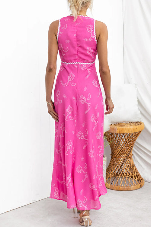 V Neck Sleeveless High Waist Printed Maxi Dress