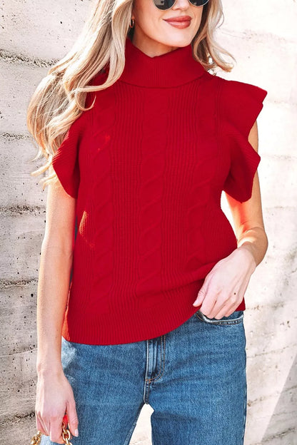 Cable Knit Turtleneck Ruffled Short Sleeve Sweater