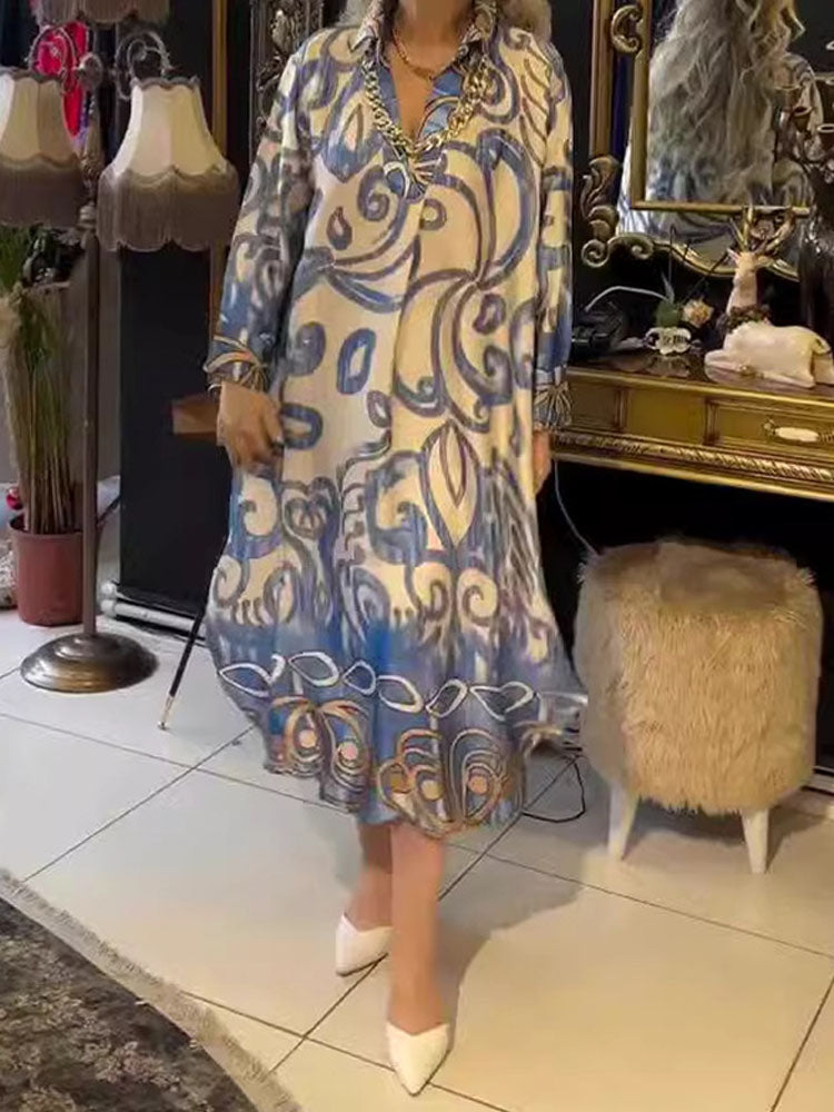 Elegant V-neck Loose Prints Dress