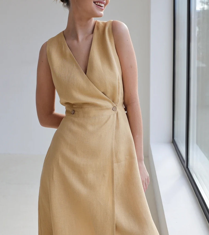 Casual Solid Color Linen Wrap Dress