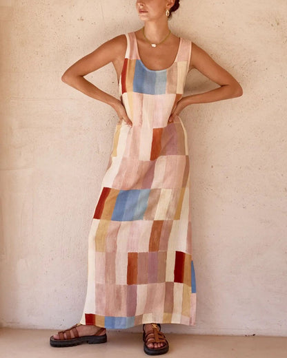 Irregular color plaid print sleeveless dress