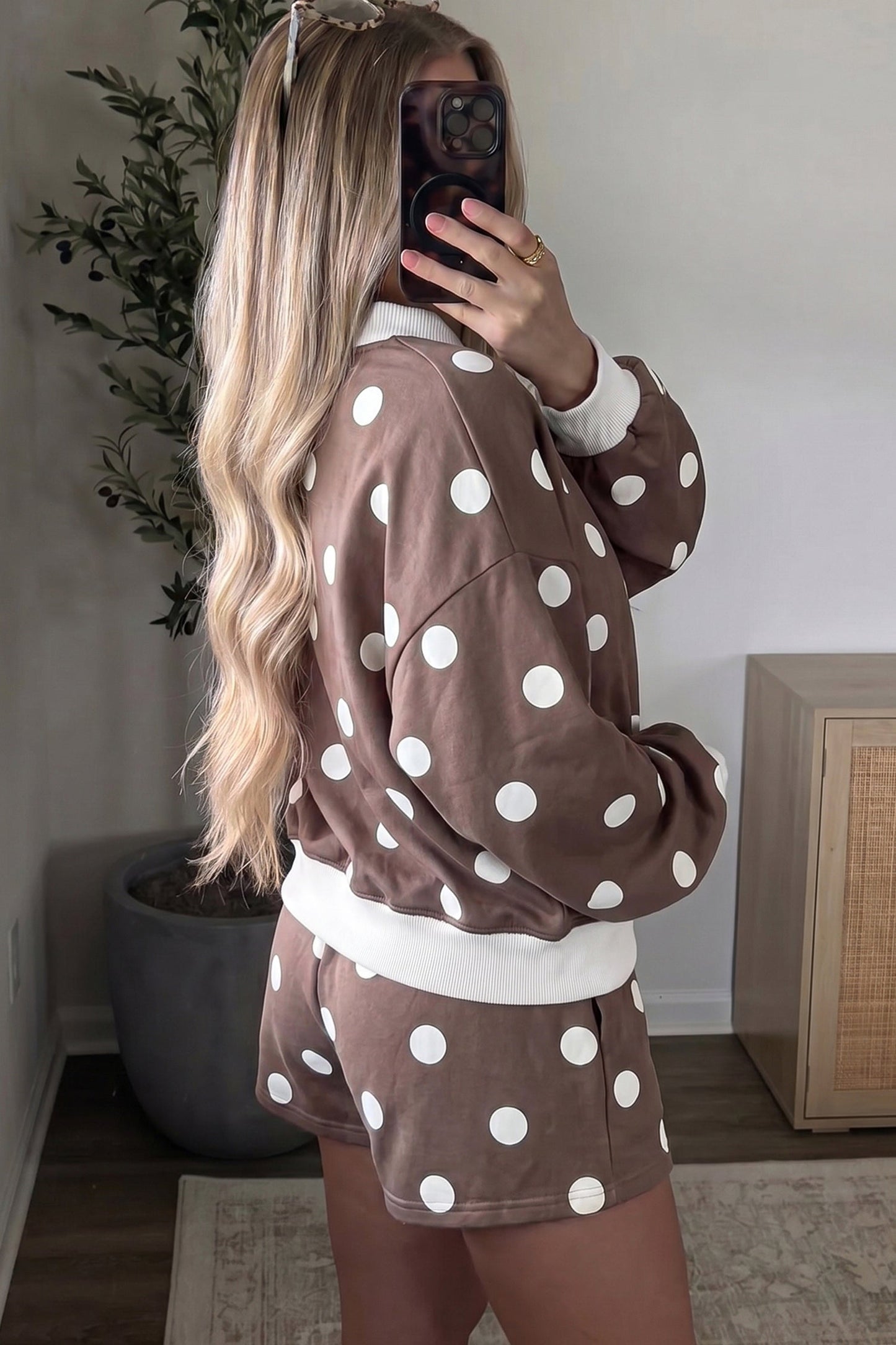Brown Polka Dot Ribbed Trim Long Sleeve Top Casual Short Set