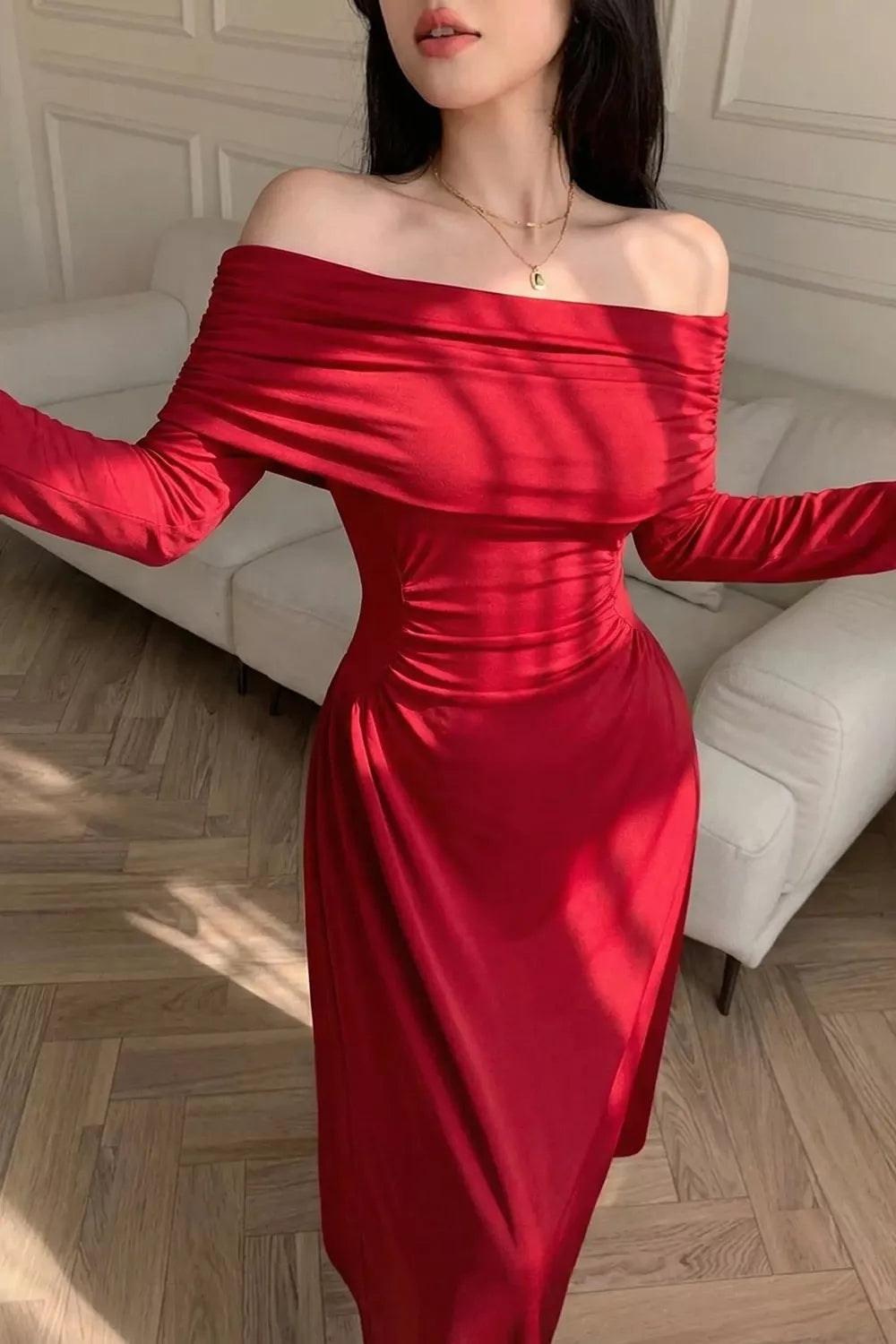 Off-Shoulder Ruched Bodycon Maxi Dress
