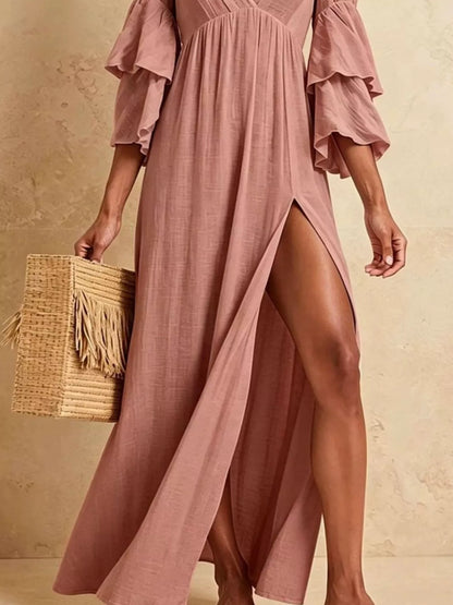 Tiered Ruffle Sleeves High Slit V-Neck Maxi Dress