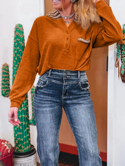 Contrast Plaid Hood Patchwork Chest Pocket Henley Top