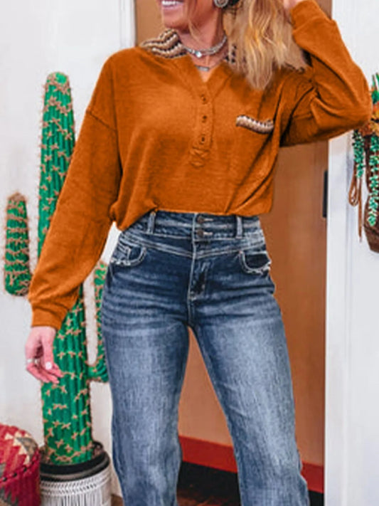 Contrast Plaid Hood Patchwork Chest Pocket Henley Top