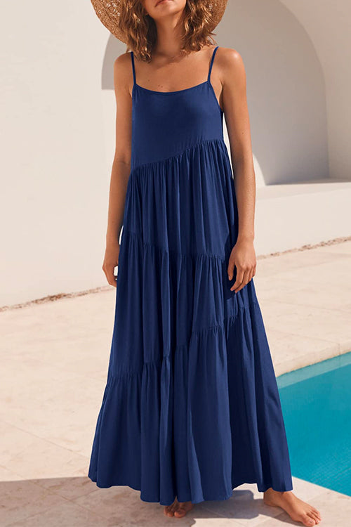 Adjustable Straps Tiered Maxi Beach Dress DarkBlue