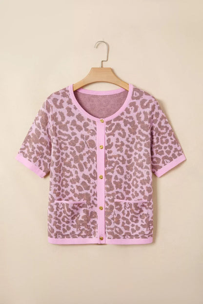 Leopard Button Down Short Sleeve Sweater Cardigan