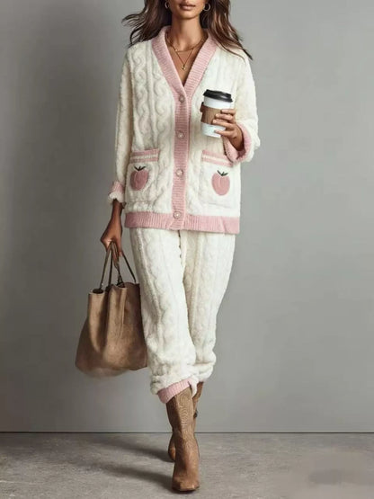Peach Fleece Contrast Trim Top and Pants Lounge Set