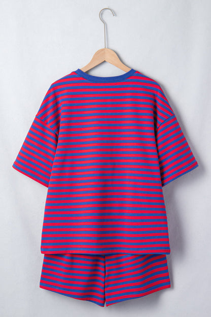 Green Stripe Striped Ribbed Cotton Two-Piece Pant Set with Chest Patch Detail