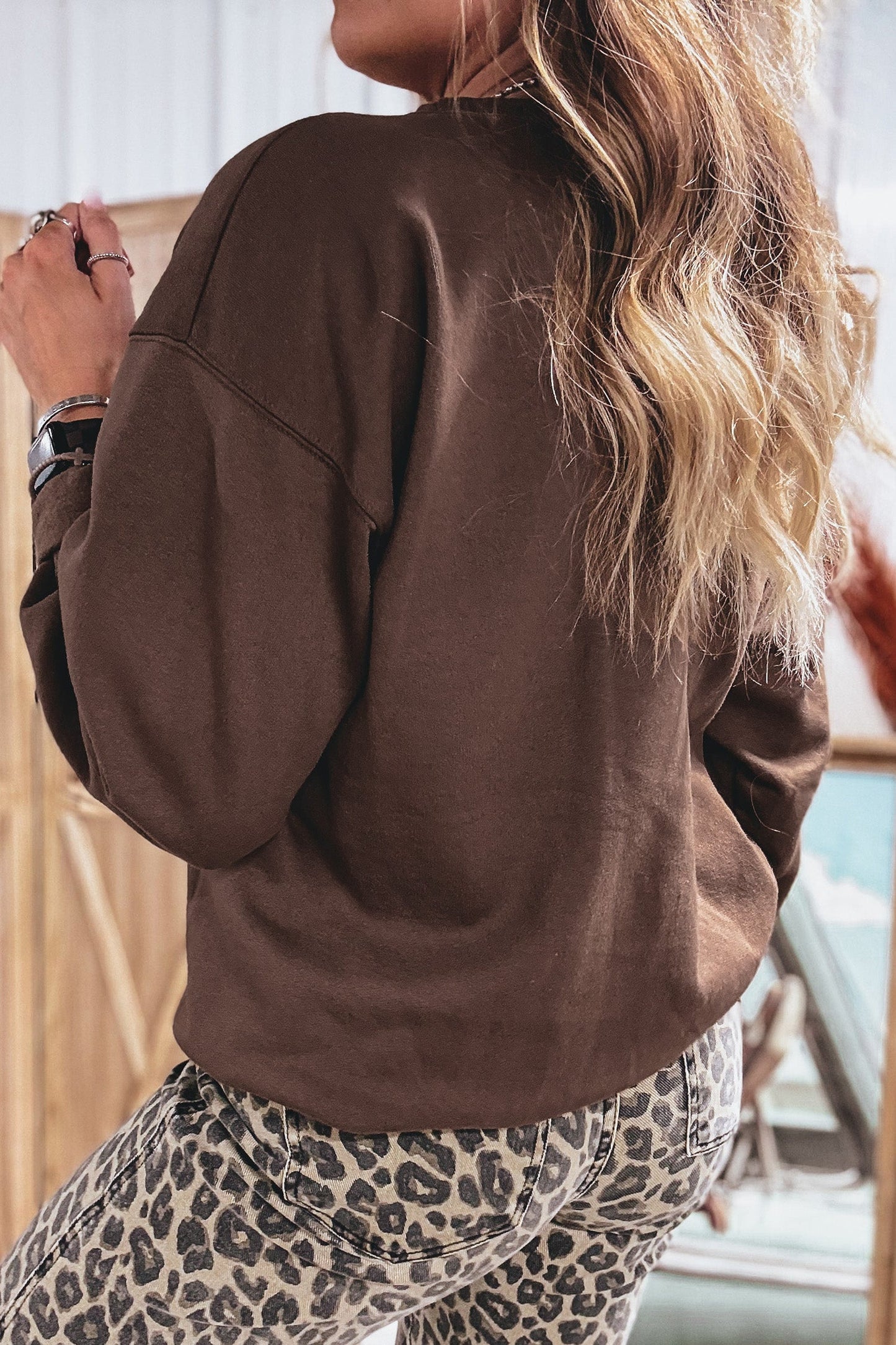 Coffee Floral Buffalo Plaid Striped Embroidered Patch Western Pullover Sweatshirt