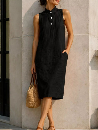 Button Detail Sleeveless Midi Dress