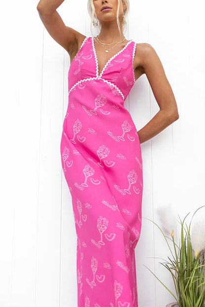 V Neck Sleeveless High Waist Printed Maxi Dress