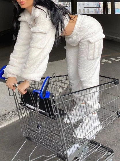 Cozy Plush Crop Top and Cargo Pants Set
