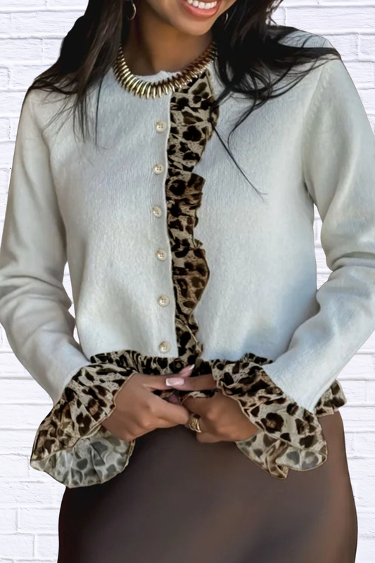 Leopard Trim Ruffle Cardigan – Buttoned Contrast Ruffle & Chic Stretch Fit