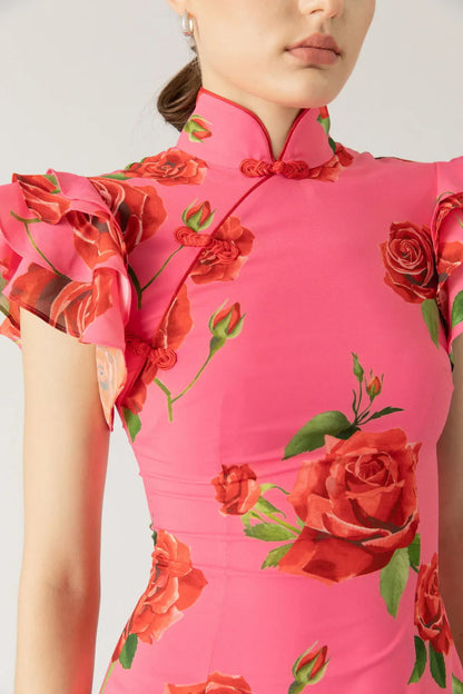 Robe longue extensible à manches évasées et à imprimé floral rose style cheongsam