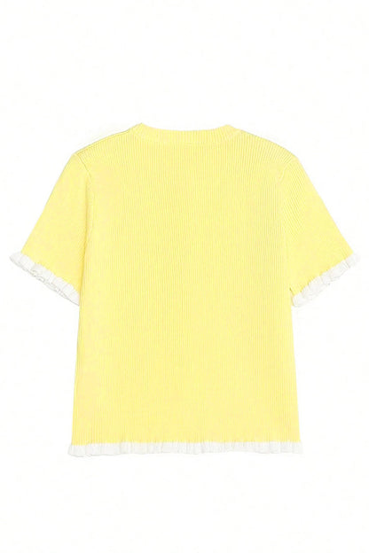 Yellow Cream Ribbed Knit Contrast Frilled Short Sleeve Sweater Cardigan