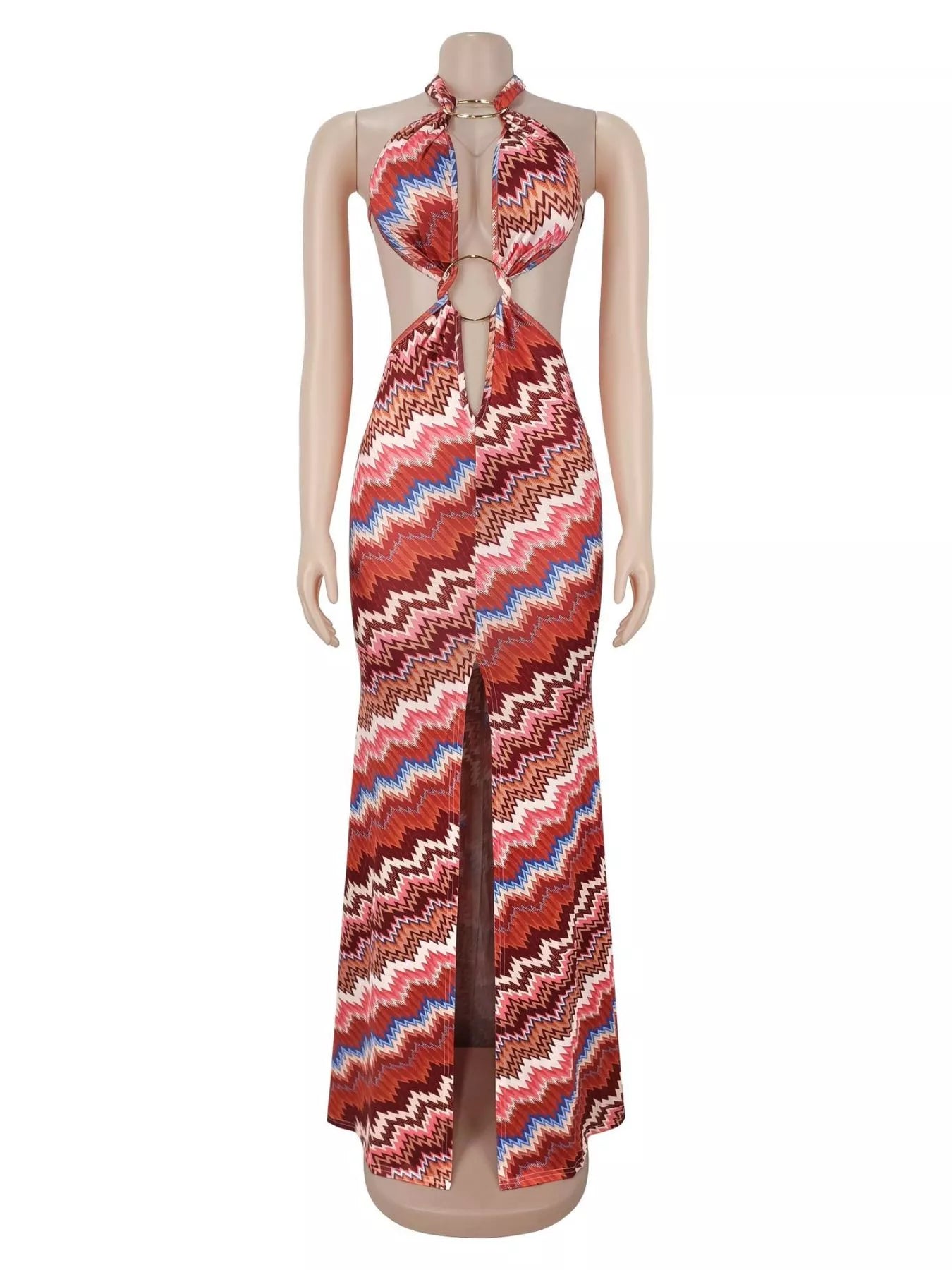 Chevron Print Halter Neck Cut-Out Maxi Dress