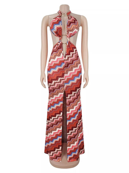 Chevron Print Halter Neck Cut-Out Maxi Dress