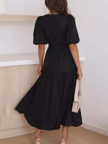Elegant Puff Sleeve V-Neck Midi Dress