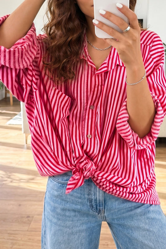 Red Stripe Button-Up Shirt Long Sleeve Patch Pocket Casual Shirt