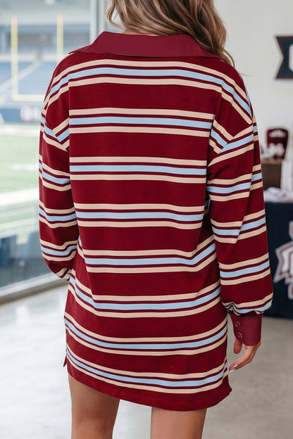 Red Stripe Retro Polo Collar Long Sleeve T Shirt Shift Mini Dress