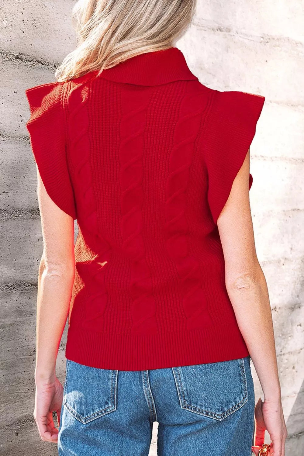 Cable Knit Turtleneck Ruffled Short Sleeve Sweater