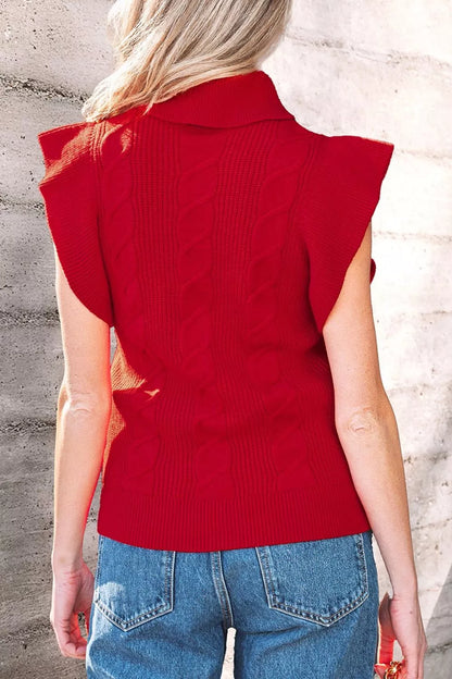 Cable Knit Turtleneck Ruffled Short Sleeve Sweater