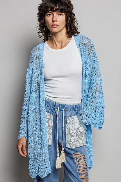 POL Openwork Lightweight Open Front Cardigan with Scalloped Edge