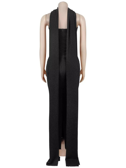 Slit Glitter Tube Maxi Dress with Scarf