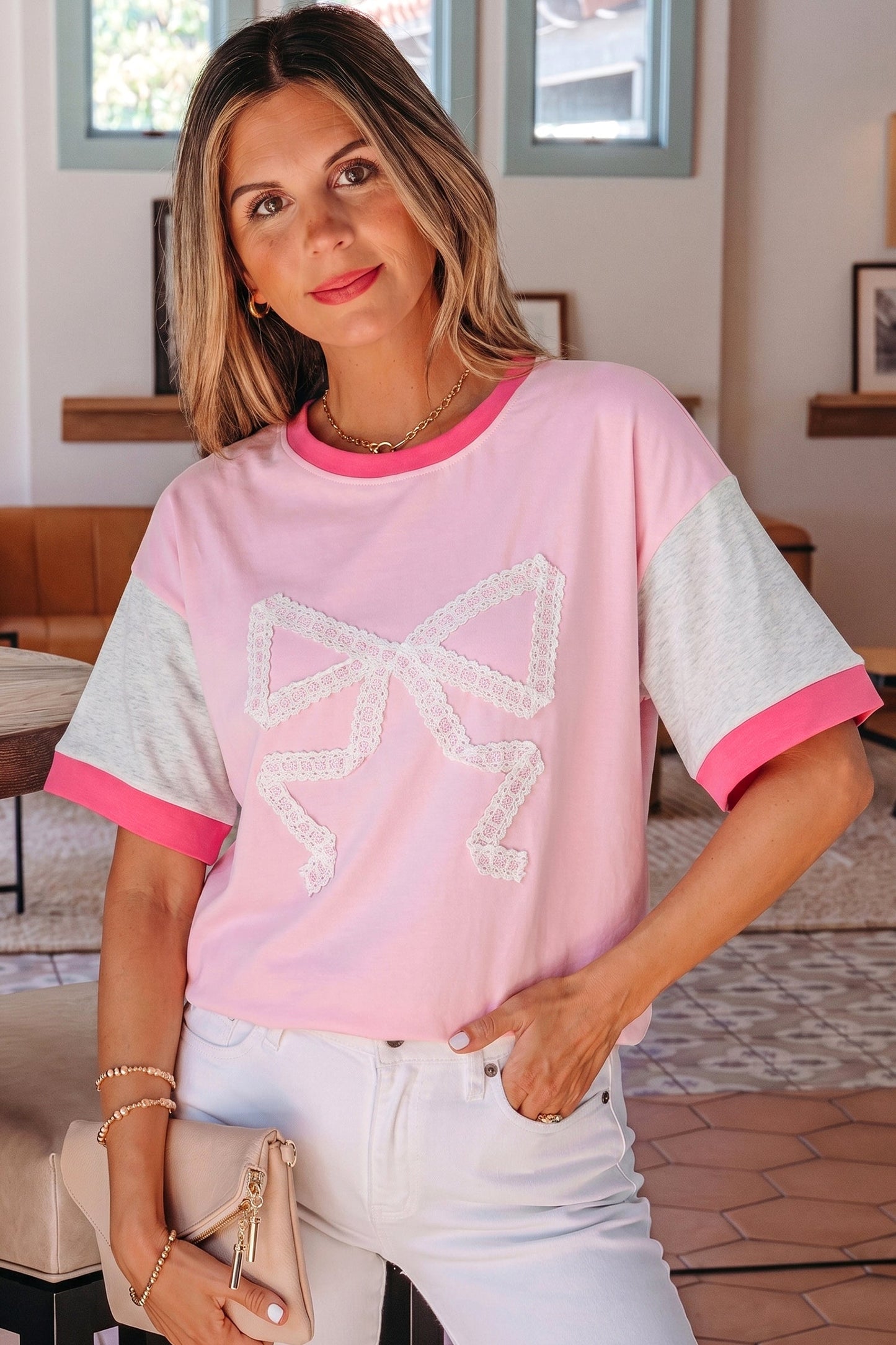 Gossamer Pink Embroidered Bow Detail Color Block Loose Tee
