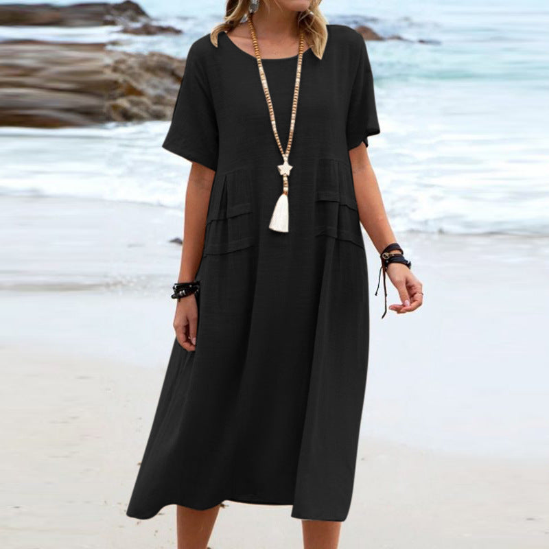 Round Neck Short Sleeves Mid-length Dress