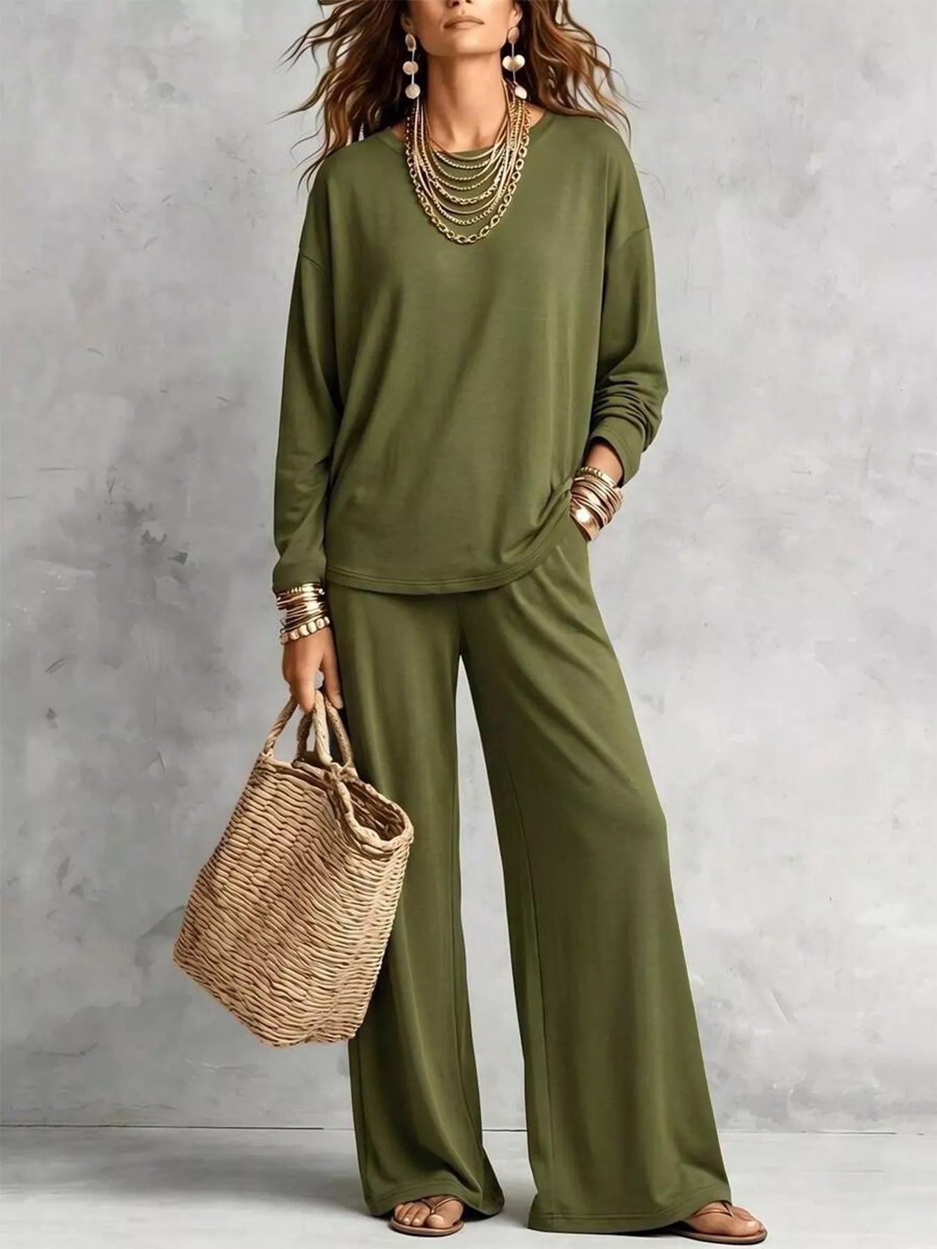 Round Neck T-Shirt and Wide-Leg Pants Set