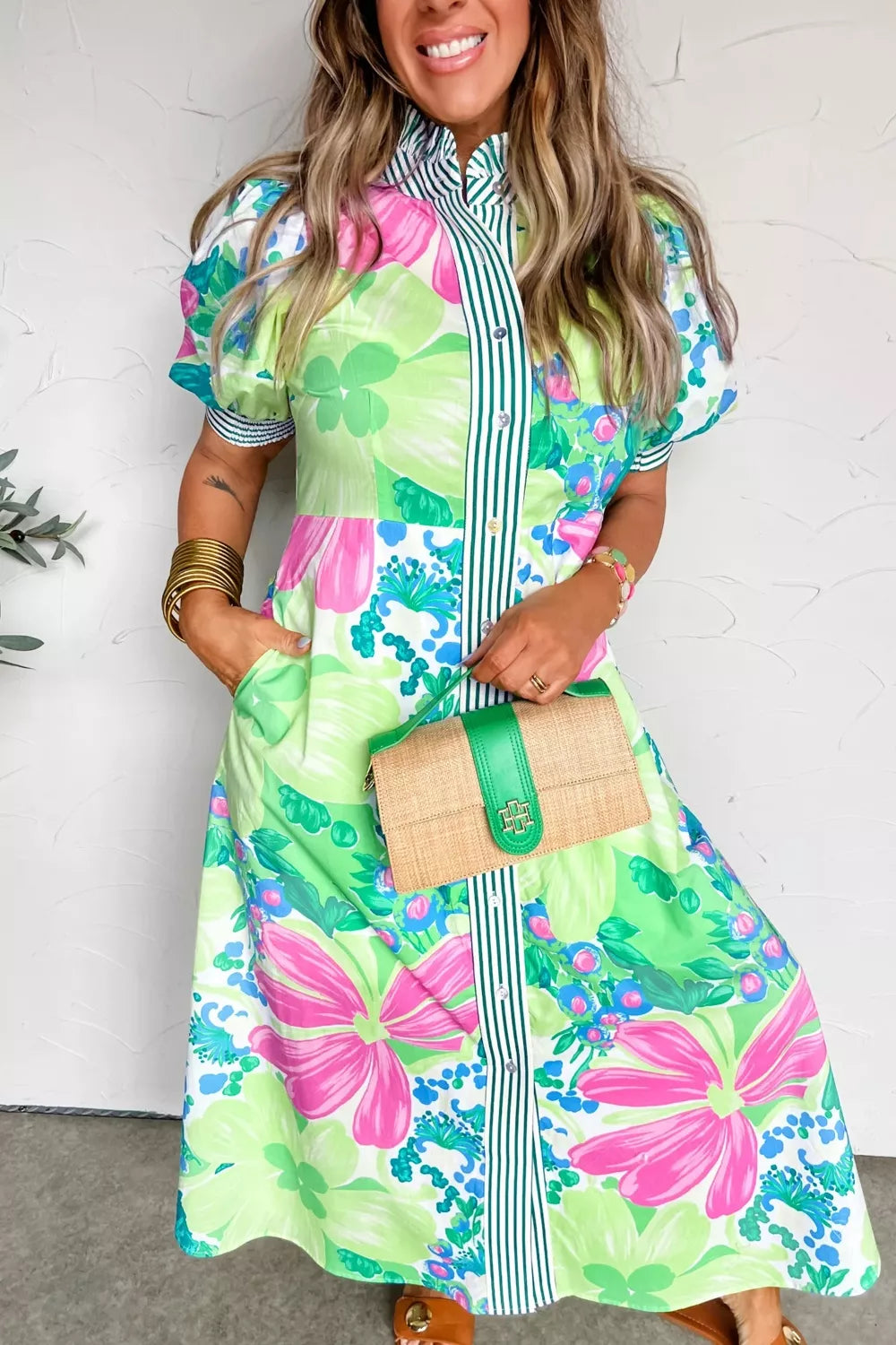 Floral Print Button-Up Midi Dress with Puff Sleeves
