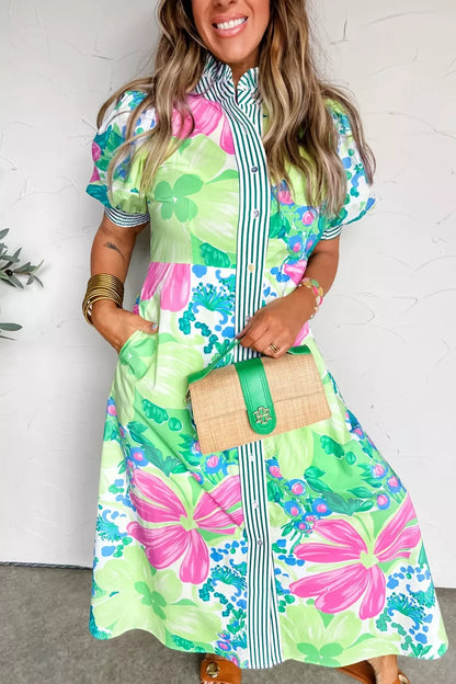Floral Print Button-Up Midi Dress with Puff Sleeves