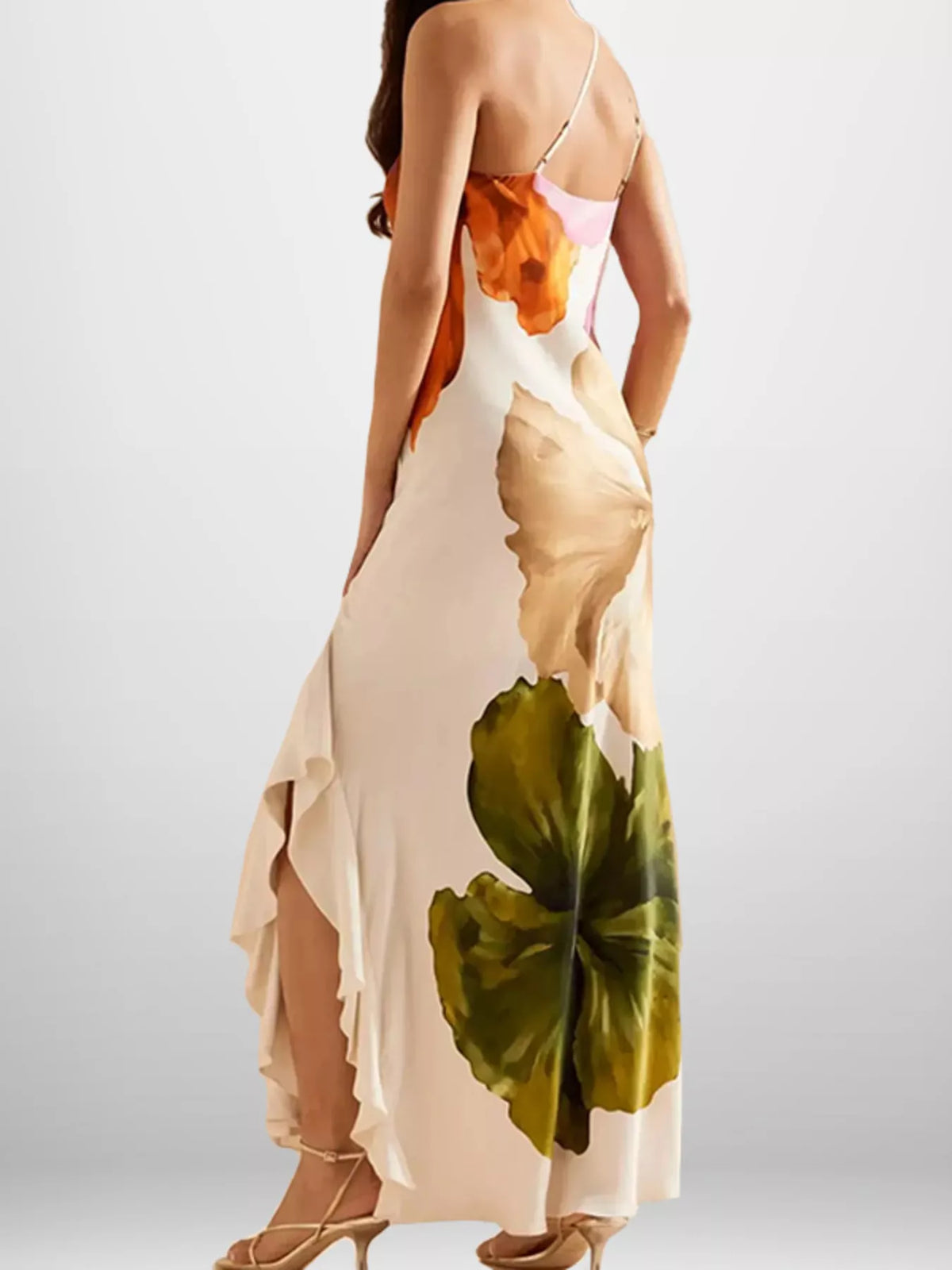 Full Size One-Shoulder Floral Print Satin Maxi Dress Plus Size