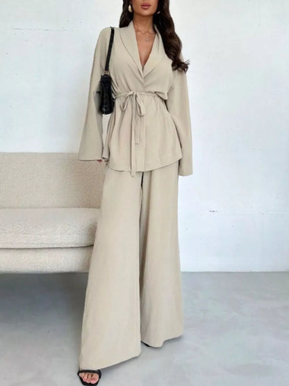 Textured Tie Waist Top and Wide-Leg Pants Set